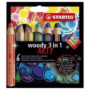 STABILO woody 3 in 1 - Multitalented Colored Pencil - ARTY - Set 6 Pcs. + Pencil Sharpener
