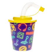 Becher mit Deckel und Strohhalm Gamer, 12 Stk.