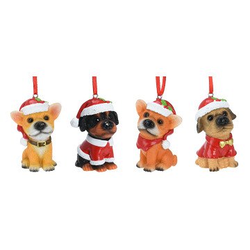 Kersthanger Hond met Kerstmuts, Set van 12 stuks