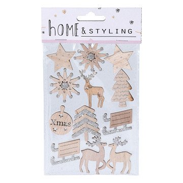 Wooden Christmas Stickers with Glitter, 12 pcs.