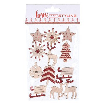 Wooden Christmas Stickers with Glitter, 12 pcs.