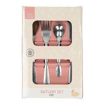 Kinderbesteck-Set aus Edelstahl, Schwanenmotiv – 4-teilig.