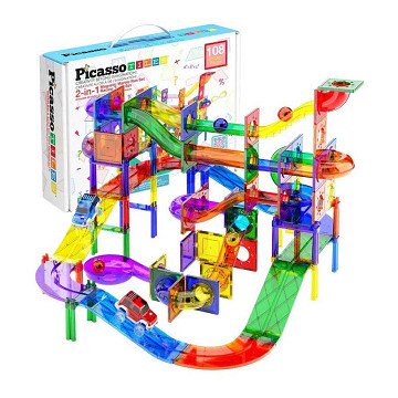 PicassoTiles Marble Run and Race Track - Magnetic Building Tiles - 108pcs.