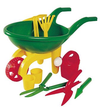 Wheelbarrow with garden tools