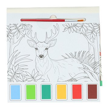 Waterverfkleurblok Volwassenen - Bosdieren - incl Penseel en 6 kleuren waterverf