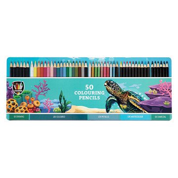 Colored pencils in tin box, 50 pcs.