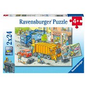 Puzzle Müllwagen und Abschleppwagen, 2x24 Teile.