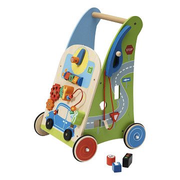 Primi Passi – Lauflernwagen aus Holz mit Aktivitätsgarage