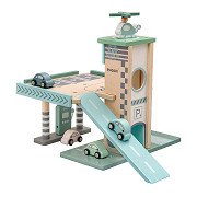 Pastel-colored wooden parking garage and gas station with elevator