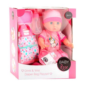 Baby Rose Drinking and Peeing Doll with Diaper Bag, 35cm