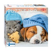 Jigsaw puzzle Cute Kitten and Sleepy Dog, 100pcs.