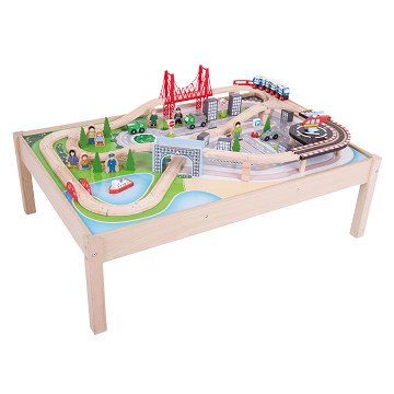 Bigjigs Wooden Train Set City on Play Table, 62pcs.