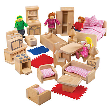 Bigjigs Wooden Doll Family with Furniture, 26 pieces.