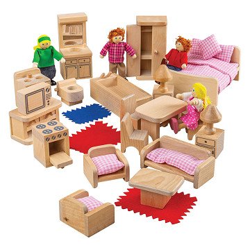 Bigjigs Wooden Doll Family with Furniture, 26 pieces.