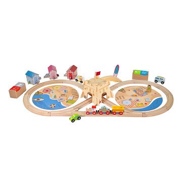 Bigjigs Wooden Train Set Sea Coast Cleaning Up, 70pcs.