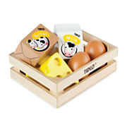 Wooden Eggs and Milk in a crate