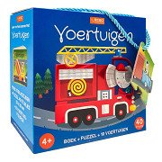 Boek, Puzzel + 10 Figuren - Voertuigen