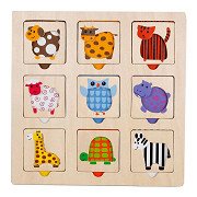 Holzeinlegepuzzle „Finde das Tier anhand der Farbe“, 9-tlg.