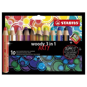 STABILO woody 3 in 1 - Multitalented Colored Pencil - ARTY - Set 10 Pcs. + Pencil Sharpener