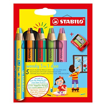 STABILO woody 3 in 1 Duo - Multitalented Colored Pencil - Set 5 Pcs. + Pencil Sharpener