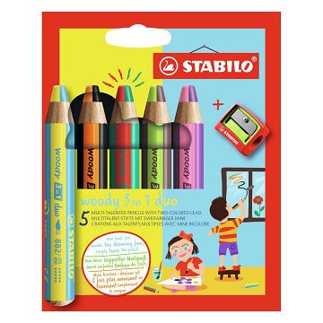 STABILO woody 3 in 1 Duo - Multitalent Coloured Pencil - Set 5 pcs. + Pencil Sharpener
