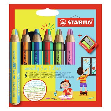 STABILO woody 3 in 1 Duo - Multitalent Coloured Pencil - Set 6 pcs. + Pencil Sharpener