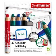 STABILO MARKdry Set of 4 Whiteboard Pencils, Sharpener and Cleaning Cloth