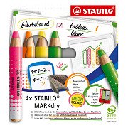 STABILO MARKdry NEON Set of 4 Whiteboard Pencils, Sharpener and Cleaning Cloth