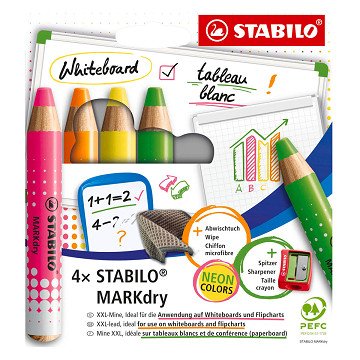 STABILO MARKdry NEON Set of 4 Whiteboard Pencils, Sharpener and Cleaning Cloth