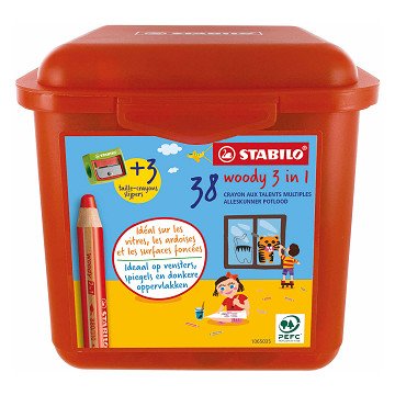 STABILO woody 3in1 Multitalent Kleurpotloden in Kunststof Doos - 38dlg. met 3 Puntenslijpers