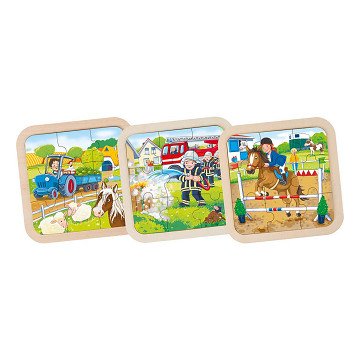 Goki Wooden Jigsaw Puzzle Farm, Fire Department, Horse, 9 pcs.