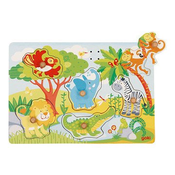 Goki Wooden Stud Puzzle Zoo with Sound, 6 pcs.