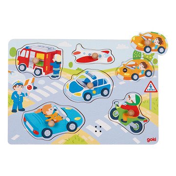 Goki Wooden Stud Puzzle Vehicles with Sound, 6 pcs.