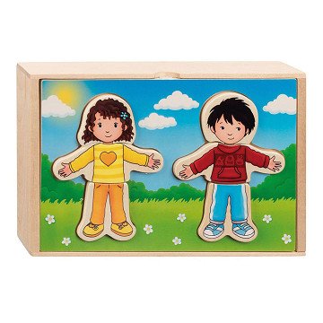 Goki Wooden Dress Up Puzzle Boy and Girl in Wooden Box, 36 pcs.