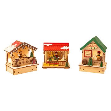 Small Foot - Wooden Christmas Market Decoration with Lights, Set of 3