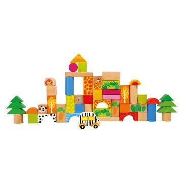 Small Foot - Wooden Building Blocks Zoo in Shape Sorter Bucket, 50dlg.