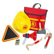 Small Foot - Feuerwehrrucksack mit Feuerwehr-Attributen aus Holz, 8dlg.