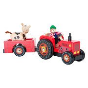 Small Foot - Wooden Tractor with Trailer Red and Play Figures, 4pcs.