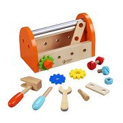 Klassischer Werkzeugkasten aus Holz, 16-teilig.