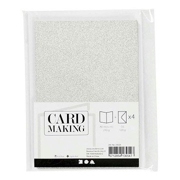 Karten und Umschläge 10,5 x 15 cm Glitzer Silber - 4 Stück.