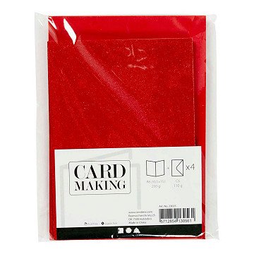 Karten und Umschläge 10,5 x 15 cm Glitzer Rot - 4 Stück.