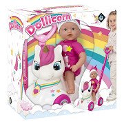 Dollicorn Babypop met Eeenhoorn Loopauto - 37cm