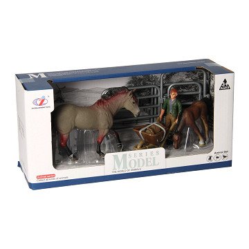 Horse Playset with Caretaker - Gray Brown