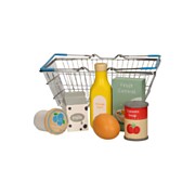 Shopping basket with wooden groceries