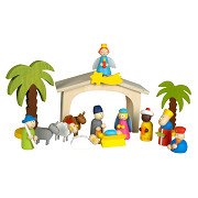 Wooden nativity scene with playing figures