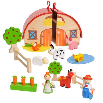 Tragbares Bauernhof-Spielset aus Holz