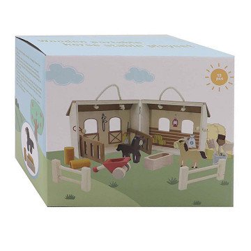 Wooden Horse Stable Playset Portable, 13-piece.