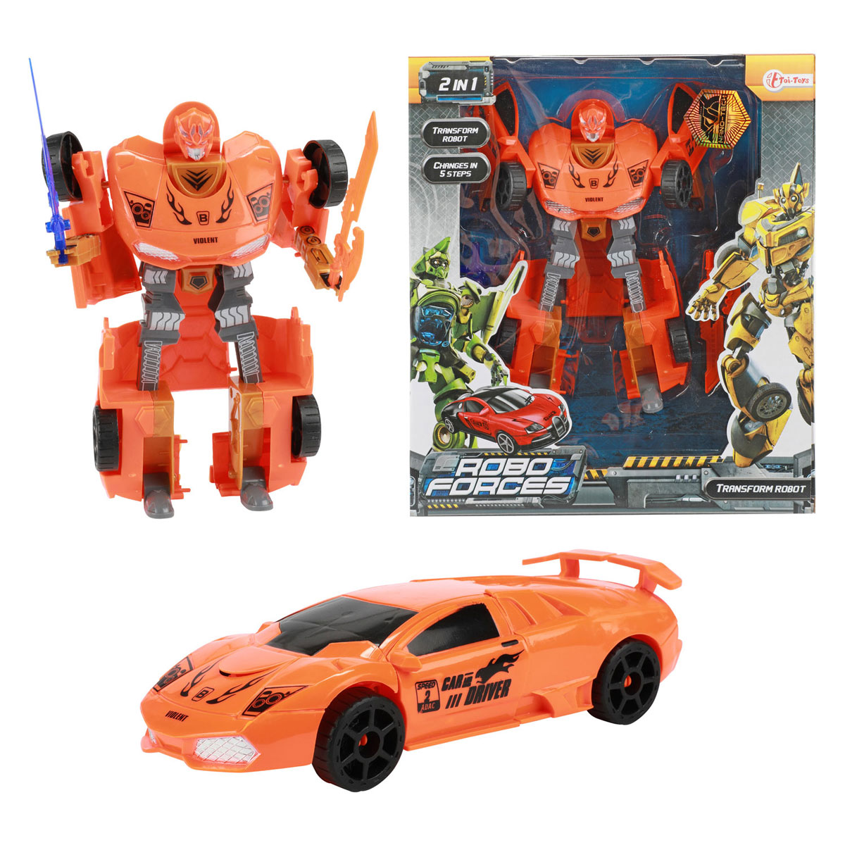 Toi-Toys Roboforces Auto Trasformabile - Carrello Ribaltabile Giallo Che Diventa Un Robot - Giocattolo Da Cantiere Per Bambini Dai 3 Anni In Su, Dimensioni 7x13 Cm