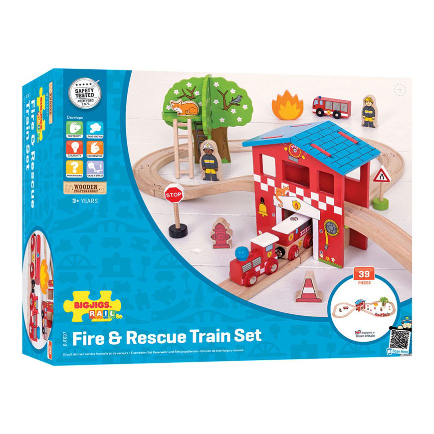 Houten Treinset Brandweer, 39dlg. | Thimble Toys