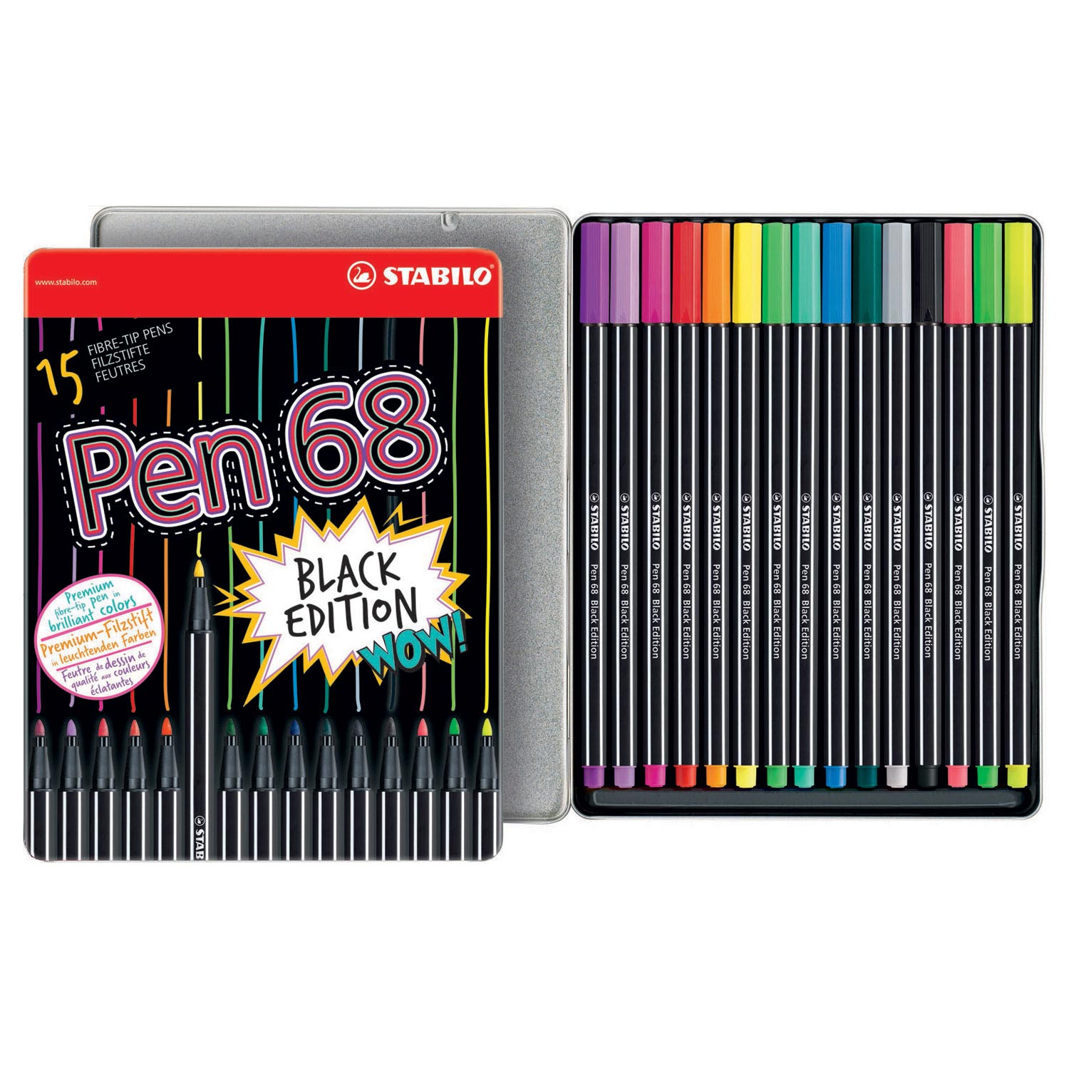 STABILO Premium Fiber-Tip Pen with Brush Tip Pen 68 brush - Tin of 15 -  Assorted Colors